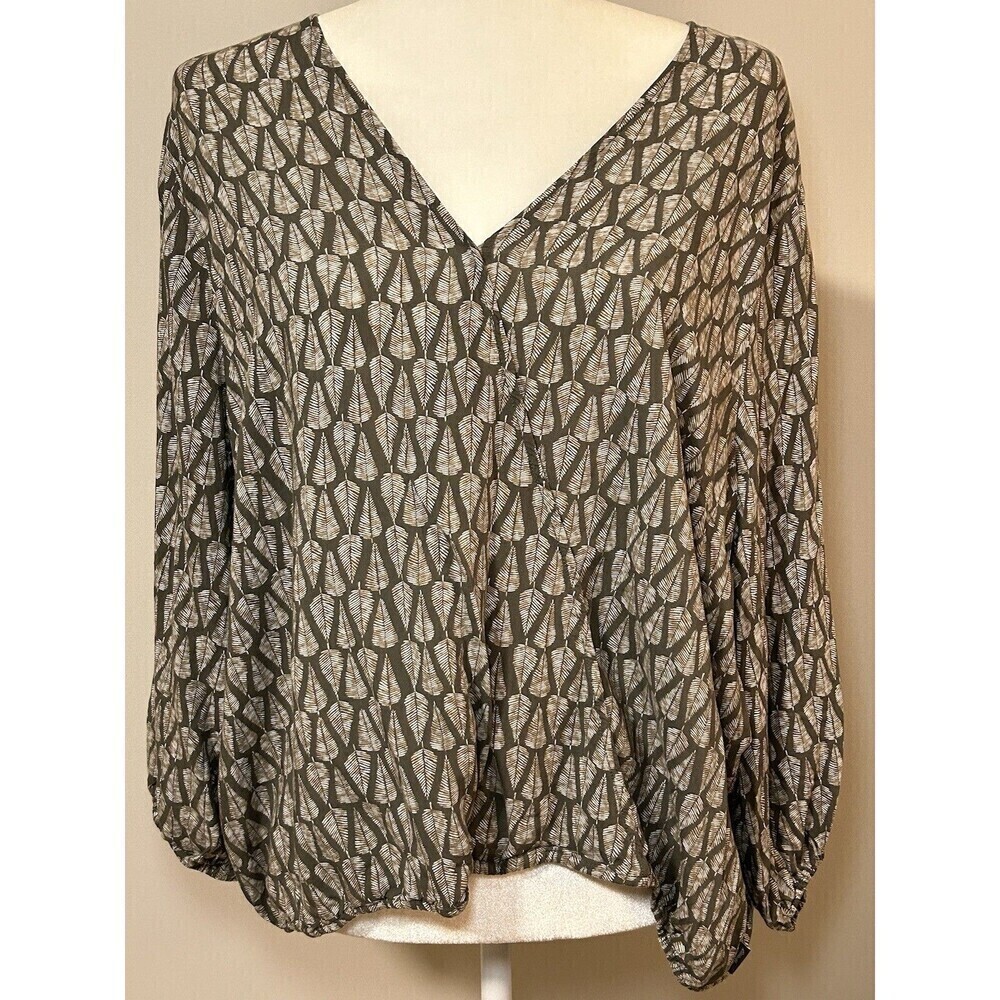 EDDIE BAUER Green Faux Wrap V-neck Geometric Leaf Print Balloon 3/4 Sleeve 2XL